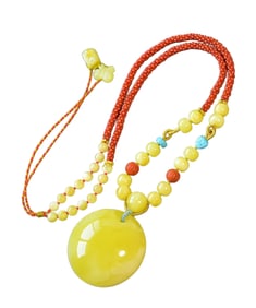 Beautiful Beeswax Lucky Pendant w Hand Woven Nanhong Agate & Turquoise Beads Necklace
