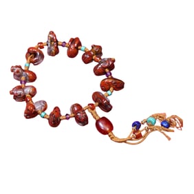 Hand Woven Chinese Zhanguo Hong Agate Carved 12 Zodiacs Beads Bracelet
