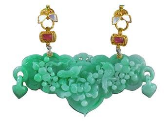 Exquisite Jadeite Carved Flowers Bird Pendant w Jadeite Beads Necklace