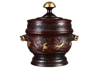 Chinese Gilt Gold Copper Double Ear Beast Incense Burner