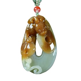Chinese Natural Hetian Jade Carved Chi Dragon Pendant w Hand Woven Necklace