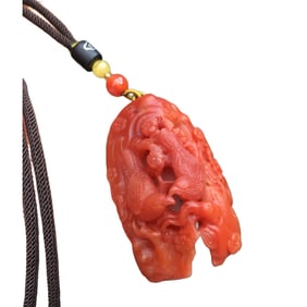 Superb Chinese Nanhong Agate Carved Plum Flower & Magpie Pendant w Hand Woven Necklace