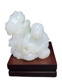 Superb Chinese White Hetian Jade Carved Urchin Statue