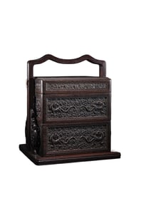 Vintage Chinese Zitan Wood Low Relief Fortune Dragon Design Handle Box