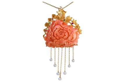 Exquisite 18K Gold Inlay Coral Peony Pendant