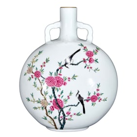 Chinese Qing Dynasty Gilt Edge Famille Rose Flowers Bird Design Porcelain Vase