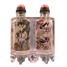 Old Chinese Peking Glass Inside Painting Crane & Magpie, Bat Design Conjoined Snuff Bottle w Stopper
