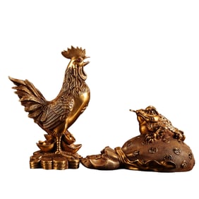 Vinatge Chinese Brass Rooster & Toad Statues