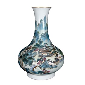 Chinese Qing Dynasty Gilt Edge Famille Rose Mountain River Scene Design Porcelain Vase