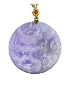 Exquisite Purple Jadeite Carved Fortune Dragon Pendant w Jadeite Beads Necklace