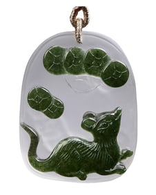 Beautiful Natural Green Crystal Carved Fortune Mouse Pendant w Hand Woven Beads Necklace