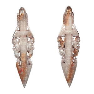 A Pair Vintage Chinese Hetian Jade Carved Double Beast Sword