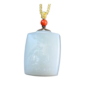 Superb Chinese White Hetian Jade Low Relief Fortune Horse Pendant w Hand Woven Necklace