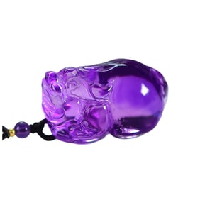 Beautiful Natural Amethyst Carved Fortune Pixiu Pendant w Hand Woven Necklace
