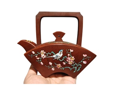 Chinese Famille Rose Yixing Zisha Plum Flower & Magpie Design Handle Teapot