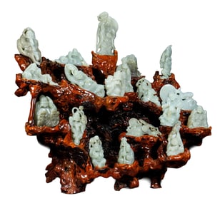 A Set Superb Chinese Hetian Jade Carved Eighteen Arhat Statues w Wood Base