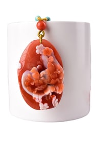 Chinese Nanhong Agate Carved Flowers Pendant w Beads Necklace