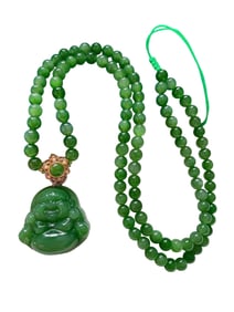 Superb Chinese Green Hetian Jade Carved Laughing Buddha Pendant w Beads Neckalce