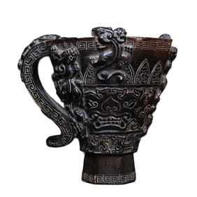 Vintage Ox Horn High Relief Chi Dragon Sacrifice Wine Cup