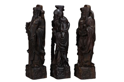 Three Vintage Chinese Chenxiang Wood Carved Taoism Deity Fukurokuju Statue