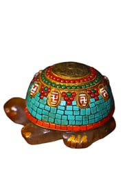 Vintage Gold Wires Inlay Crystal & Turquoise & DZI Agate & Gems Long Life Turtle Statue