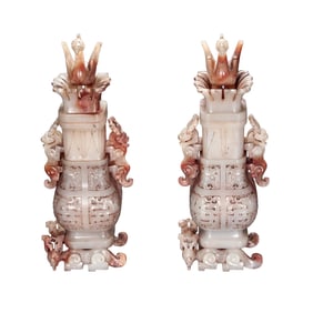 A Pair Superb Vintage Chinese Hetian Jade Carved Phoenix Vase