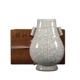 Vintage Chinese Ge Kiln White Glaze Double Ear Porcelain Vase