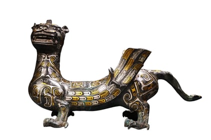 Vintage Chinese Silver Plated Gilt Gold Bronze Divine Beast Statue