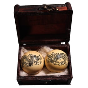 A Pair Vintage Bone Dragon Phoenix Gymnastic Balls w Zitan Wood Box