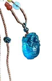 Beautiful Natural Aquamarine Carved Dragon Turtle Pendant w Hand Woven Necklace
