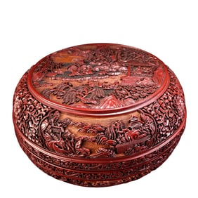 Chinese Red Lacquerware Low Relief Live In Remote Mountains Design Jewellery Box