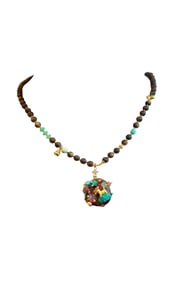 Hand Woven Chenxiang Wood Inlay Turquoise & Tourmaline Cat & Butterfly Pendant w Beads Necklace