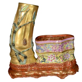 Chinese Gilt Gold Famille Rose Flowers Design Fortune Bamboo Porcelain Brush Pot & Incense Burner