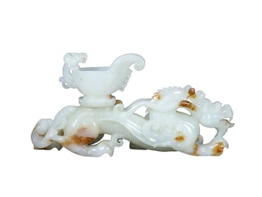 Superb Chinese Hetian Jade Carved Fortune Dragon Wine Cup Statue
