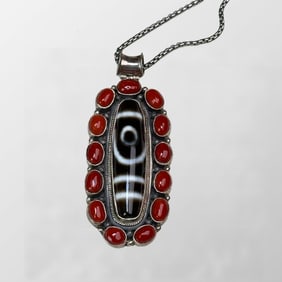 Vintage 925 Silver Inlay DZI Agate Lucky Pendant