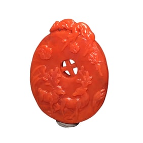Chinese Nanhong Agate Carved Fortune Deer Pendant