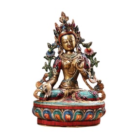 Tibetan Buddhism Gilt Gold Copper Inlay Turquoise & Gems Tara Statue