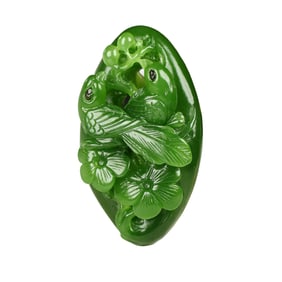 Superb Chinese Green Hetian Jade Carved Plum Flower & Magpie Pendant