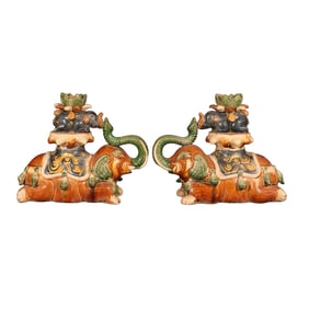 A Pair Vintage Chinese Tang San Cai Elephant Porcelain Statues