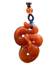 Beautiful Natural Red Crystal Carved Snake Pendant w Hand Woven Beads Necklace