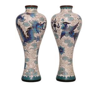 A Pair Vintage Chinese Gilt Gold Copper Cloisonne Dragon Phoenix Vase