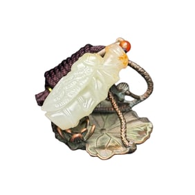 Chinese Hetian Jade Carved Fortune Cicada & Bamboo Pendant