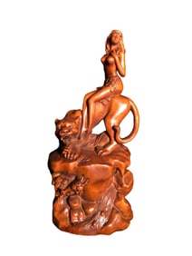 Vintage Chinese Boxwood Wood Carved Beautiful Woman & Leopard Statue