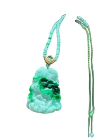 Beautiful Jadeite Carved Carp & Lotus Leaf & Lotus Flower Pendant w Jadeite Beads Necklace