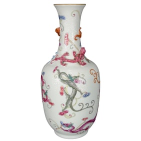 Chinese Qing Dynasty Gilt Edge Famille Rose High Relief Fortune Dragon Porcelain Vase