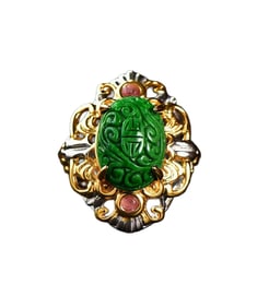 Beauitful Silver Plated Gilt Gold Inlay Jadeite Ring