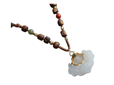 Chinese 18K Gold Inlay Hetian Jade Carved Ruyi Pendant w Hand Woven Chenxiang Wood Beads Necklace