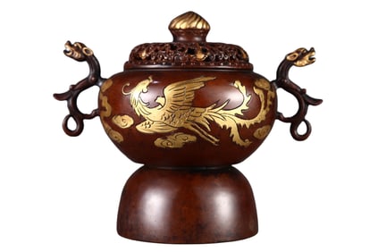 Vintage Chinese Gilt Gold Copper Double Ear Incense Burner