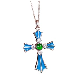 Beautiful 925 Silver Enamel Inlay Green Jade Pendant
