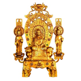 Vintage Gilt Gold Copper Inlay Gems Three Buddha Statue